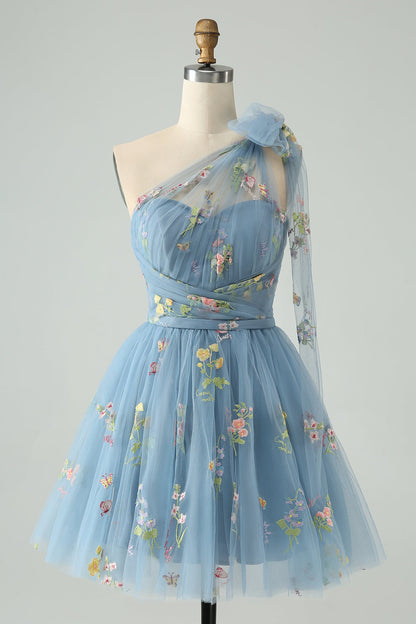 A Line One Shoulder Grey Blue Tulle Homecoming Dress with Floral Embroidery