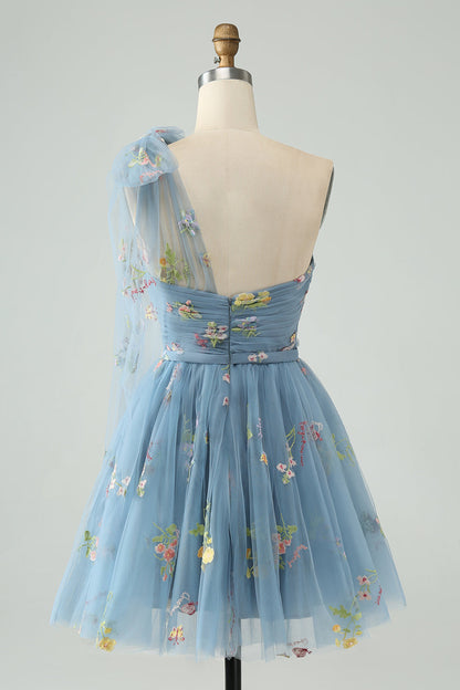 A Line One Shoulder Grey Blue Tulle Homecoming Dress with Floral Embroidery