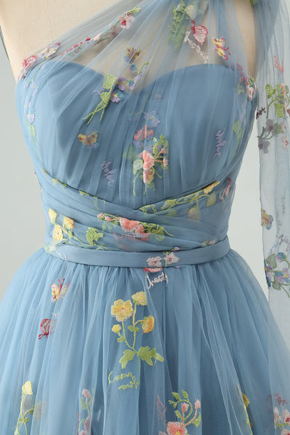 A Line One Shoulder Grey Blue Tulle Homecoming Dress with Floral Embroidery