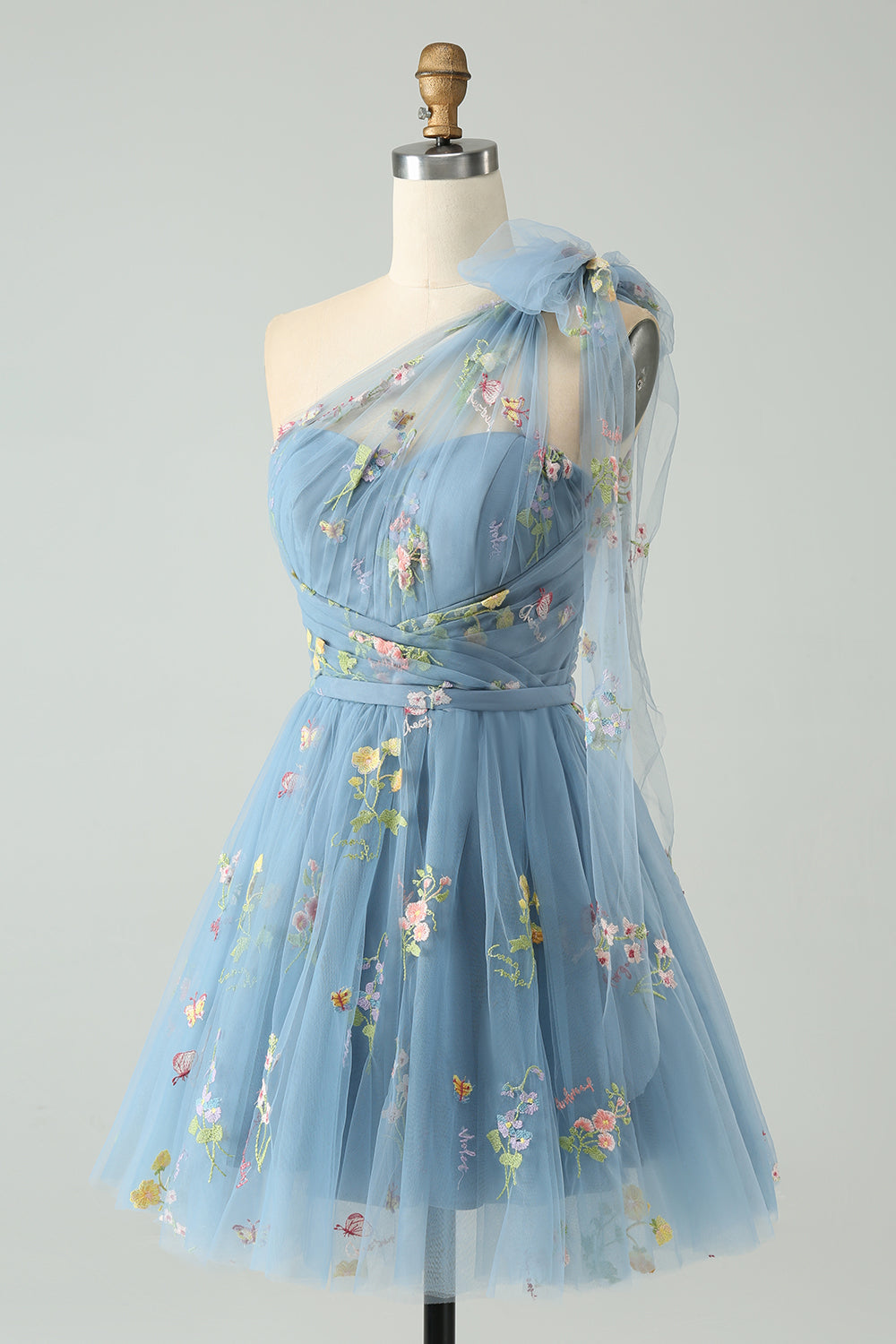 A Line One Shoulder Grey Blue Tulle Homecoming Dress with Floral Embroidery