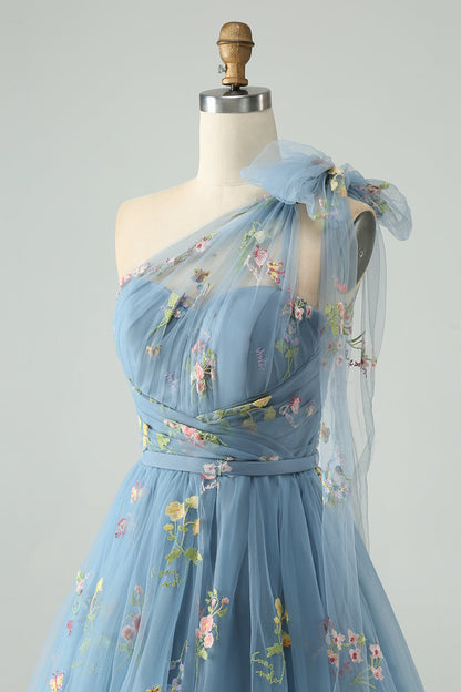 A Line One Shoulder Grey Blue Tulle Homecoming Dress with Floral Embroidery