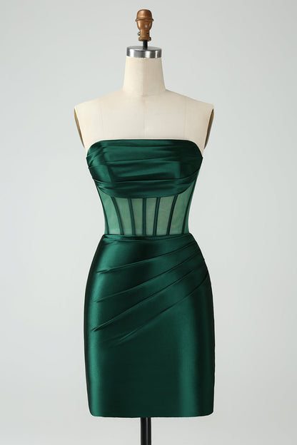 Stylish Bodycon Strapless Pleated Corset Dark Green Short Homecoming Dress