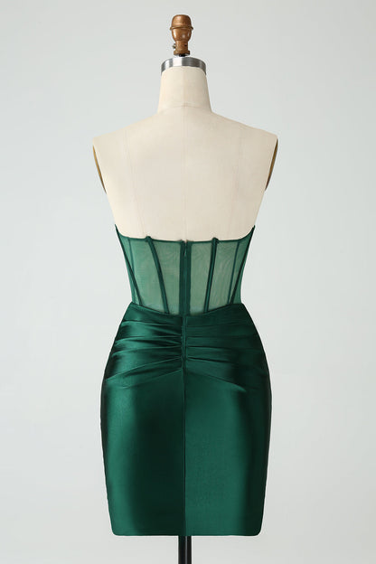 Stylish Bodycon Strapless Pleated Corset Dark Green Short Homecoming Dress