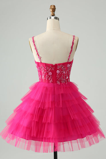 Cute Fuchsia A Line Spaghetti Straps Tiered Short Homecoming Dress with Sequins