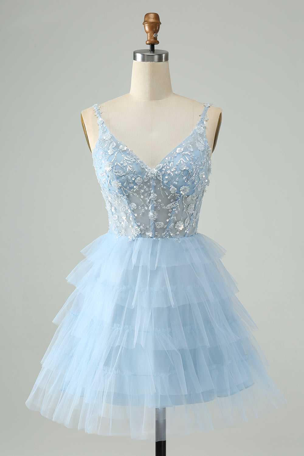 Cute Sky Blue A Line Spaghetti Straps Tiered Short Homecoming Dress with Sequins