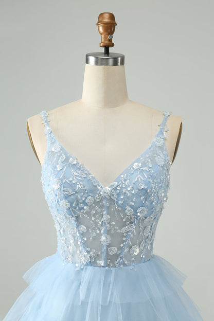 Cute Sky Blue A Line Spaghetti Straps Tiered Short Homecoming Dress with Sequins