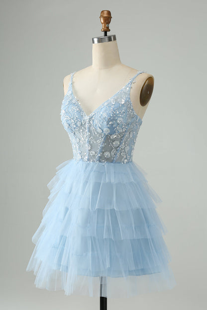 Cute Sky Blue A Line Spaghetti Straps Tiered Short Homecoming Dress with Sequins