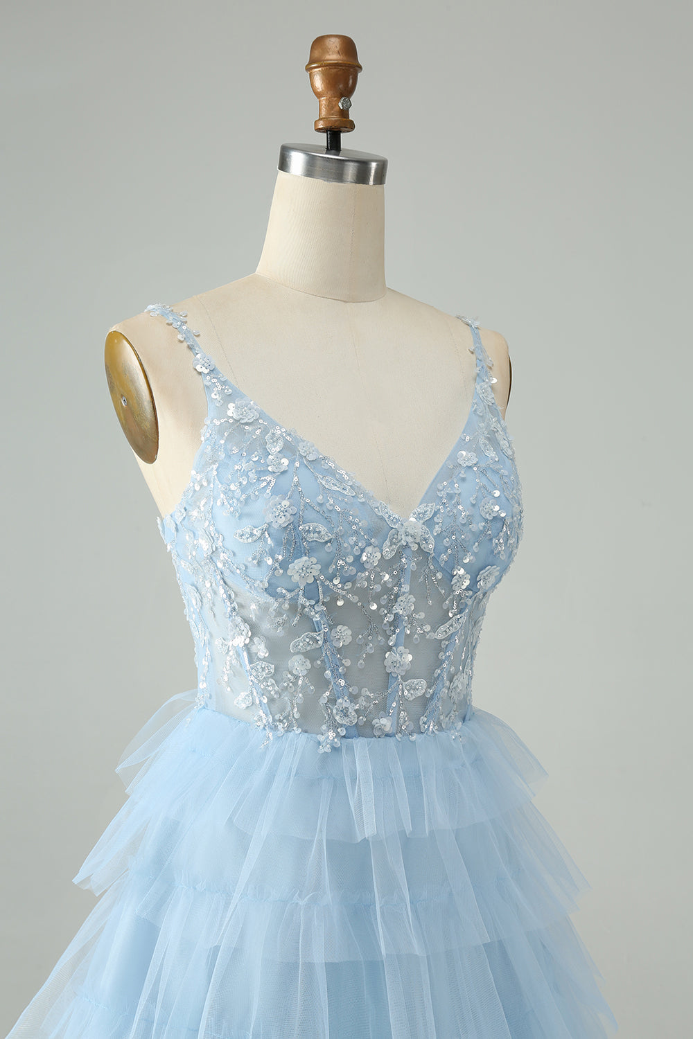 Cute Sky Blue A Line Spaghetti Straps Tiered Short Homecoming Dress with Sequins