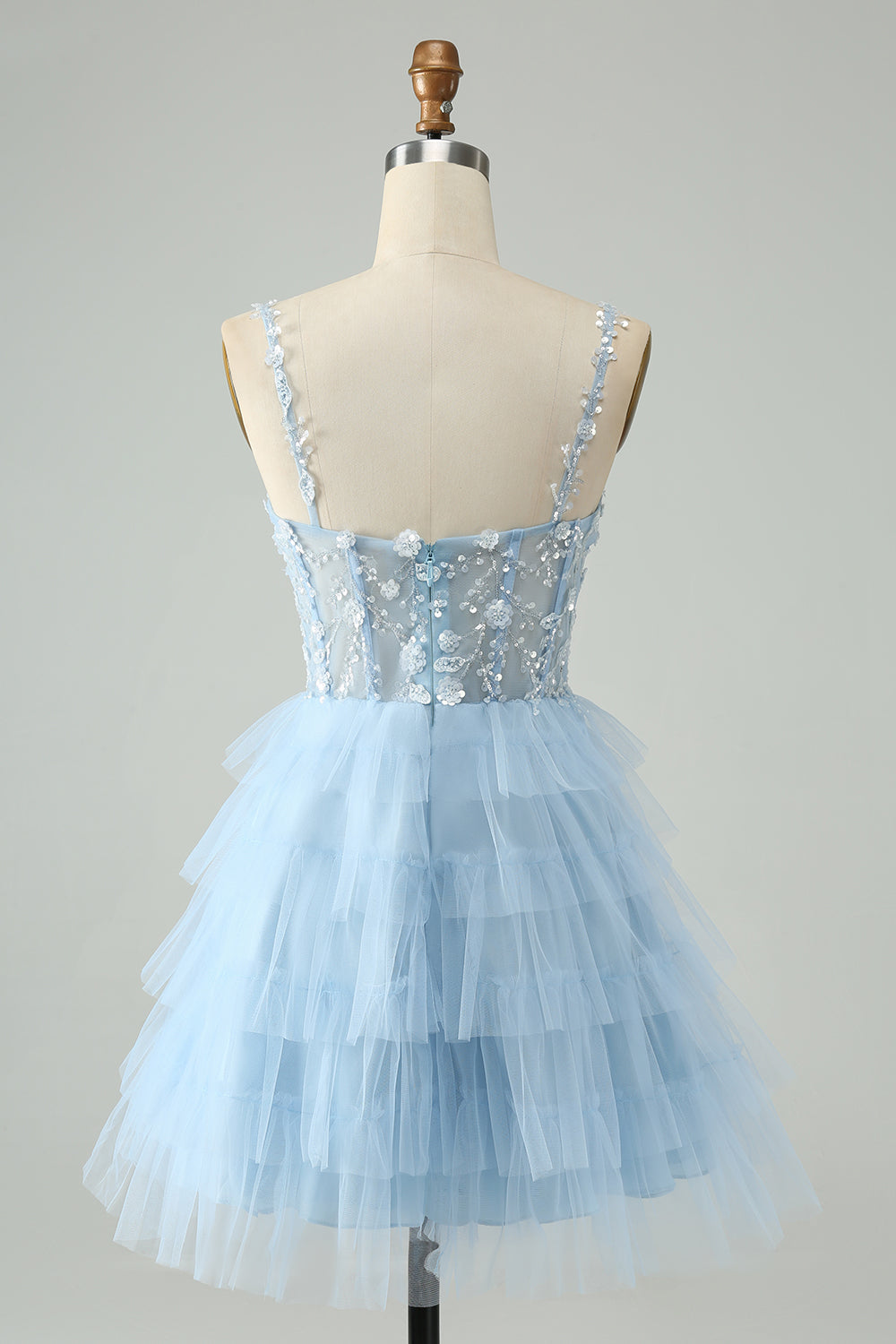 Cute Sky Blue A Line Spaghetti Straps Tiered Short Homecoming Dress with Sequins