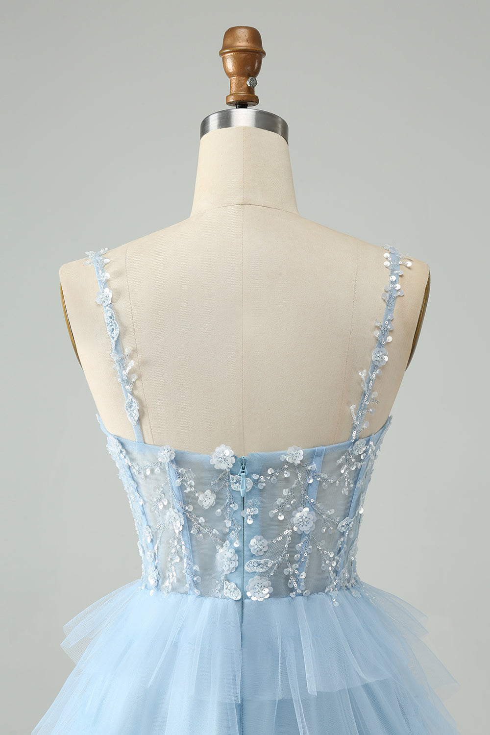 Cute Sky Blue A Line Spaghetti Straps Tiered Short Homecoming Dress with Sequins