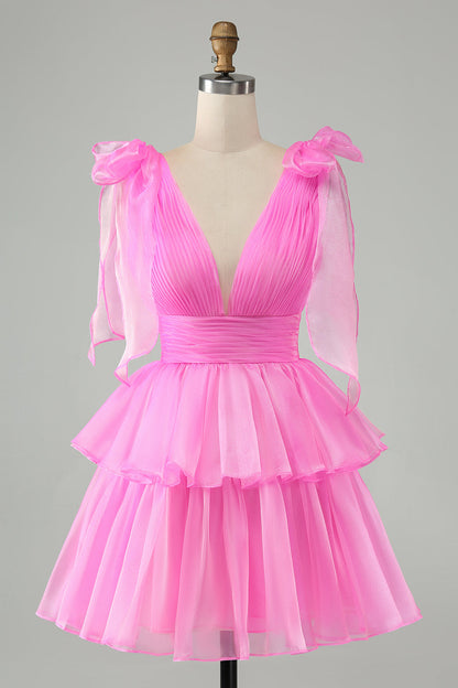 Cute Hot Pink A Line V Neck Backless Pleated Tiered Short Homecoming Dress