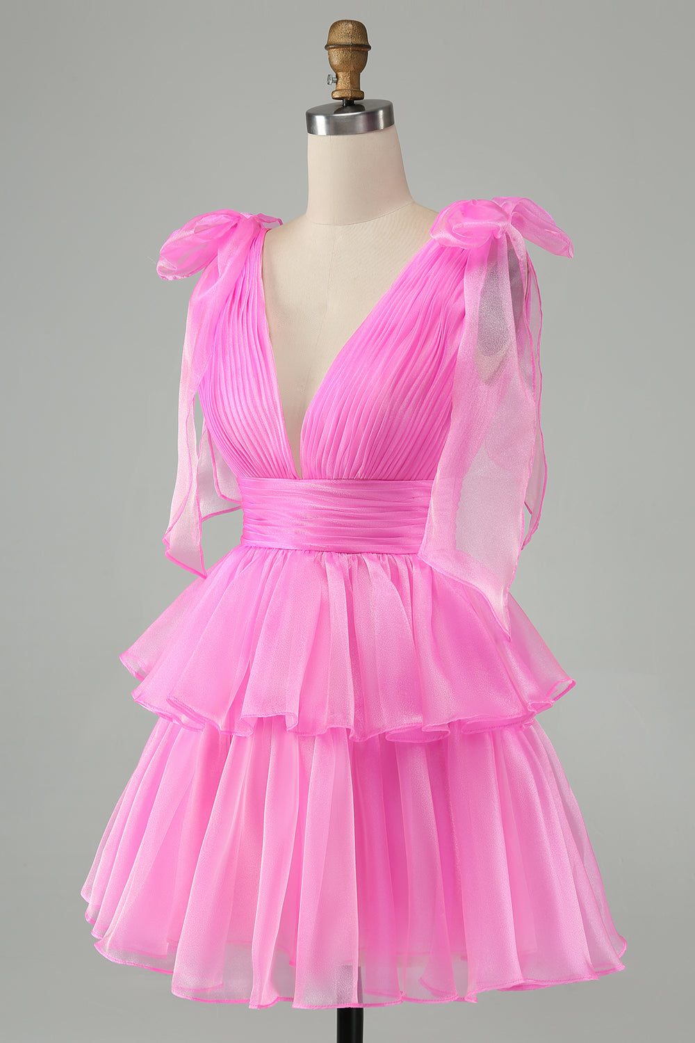 Cute Hot Pink A Line V Neck Backless Pleated Tiered Short Homecoming Dress