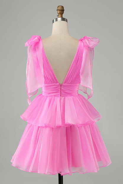 Cute Hot Pink A Line V Neck Backless Pleated Tiered Short Homecoming Dress