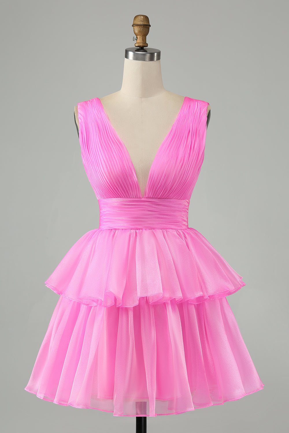 Cute Hot Pink A Line V Neck Backless Pleated Tiered Short Homecoming Dress