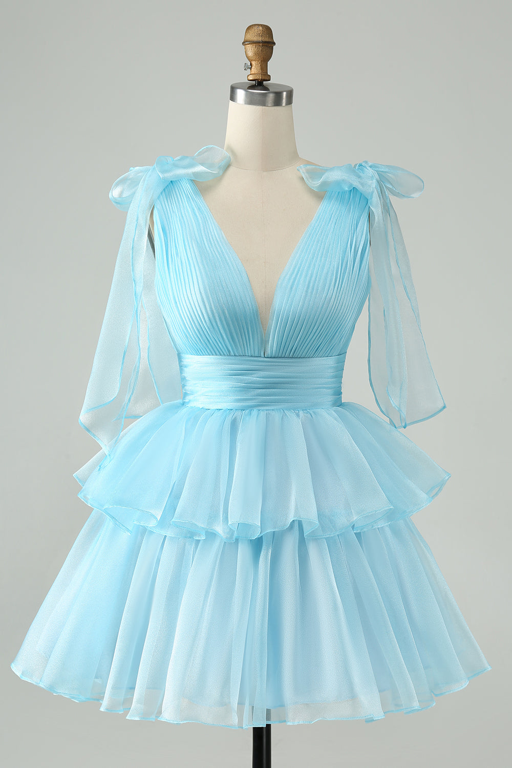 Cute Sky Blue A Line V Neck Backless Pleated Tiered Short Homecoming Dress