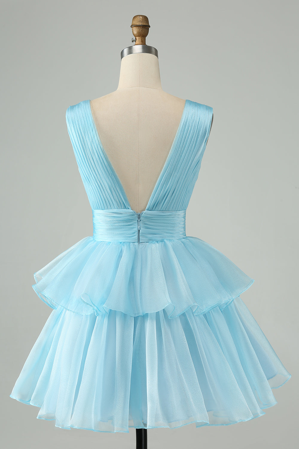 Cute Sky Blue A Line V Neck Backless Pleated Tiered Short Homecoming Dress