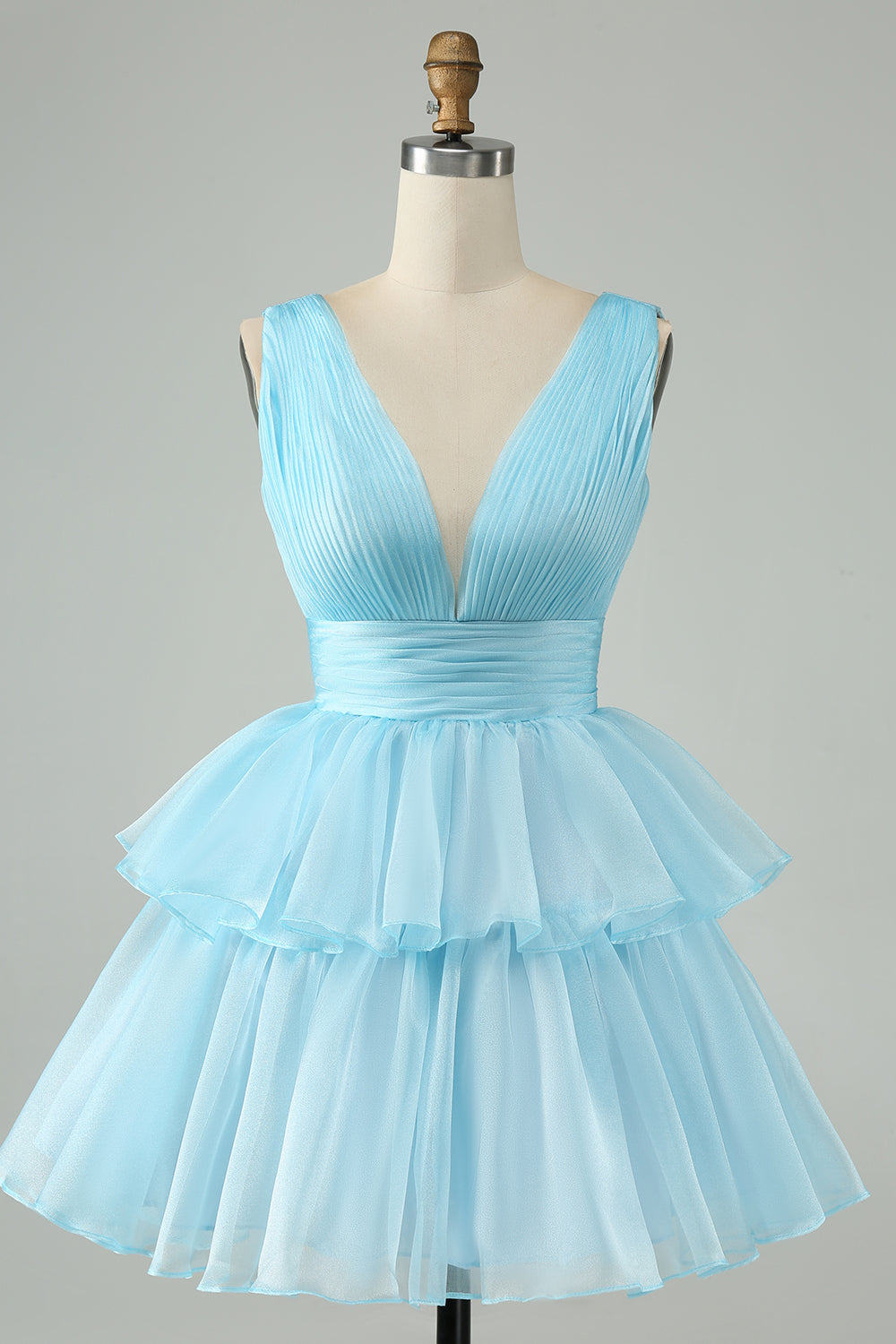 Cute Sky Blue A Line V Neck Backless Pleated Tiered Short Homecoming Dress