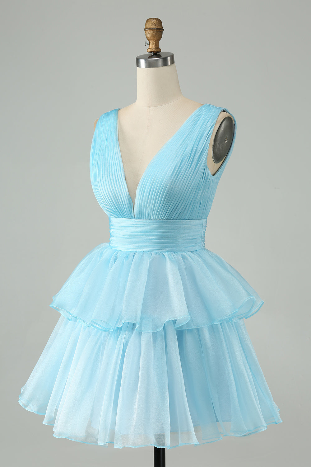 Cute Sky Blue A Line V Neck Backless Pleated Tiered Short Homecoming Dress