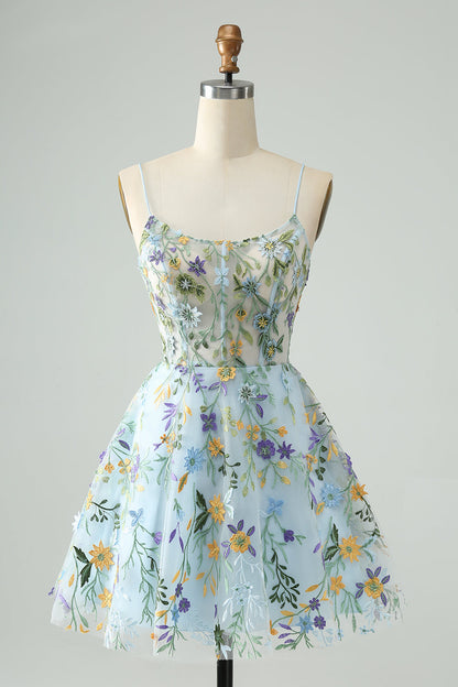 Blue Flower A Line Spaghetti Straps Corset Short Homecoming Dress with Embroidery