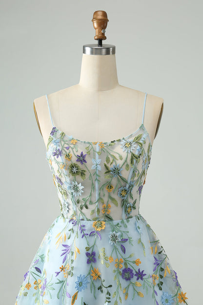 Blue Flower A Line Spaghetti Straps Corset Short Homecoming Dress with Embroidery