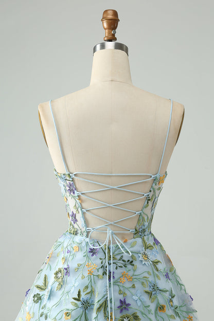 Blue Flower A Line Spaghetti Straps Corset Short Homecoming Dress with Embroidery