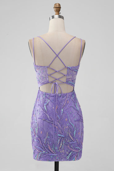 Sparkly Lilac Mermaid Lace-Up Back Short Homecoming Dress with Sequins