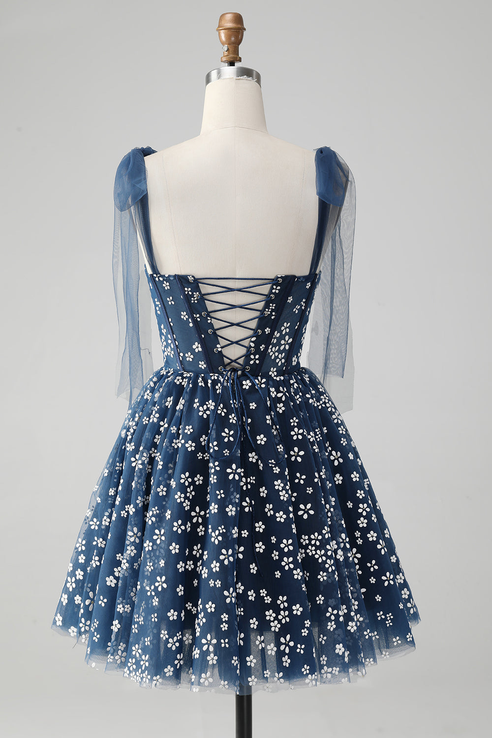 Cute A Line Spaghetti Straps Print Corset Navy Short Homecoming Dress