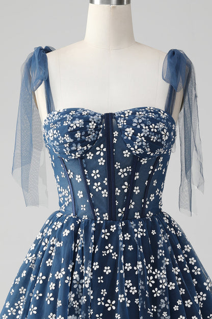 Cute A Line Spaghetti Straps Print Corset Navy Short Homecoming Dress