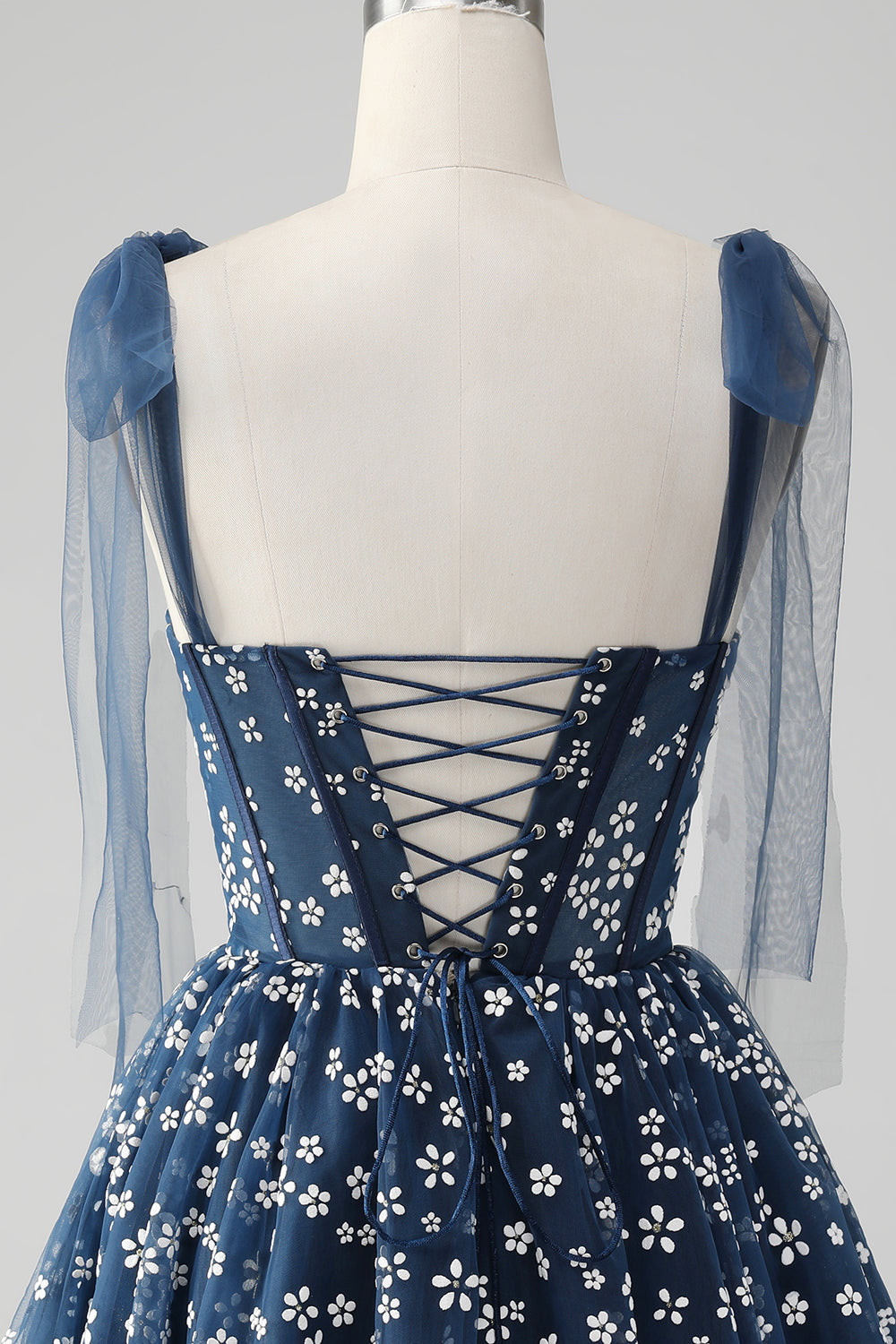 Cute A Line Spaghetti Straps Print Corset Navy Short Homecoming Dress