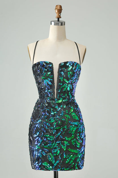 Pretty Green Black Bodycon Sparkly Sequin Short Homecoming Dress