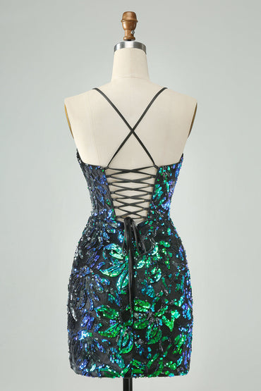 Pretty Green Black Bodycon Sparkly Sequin Short Homecoming Dress