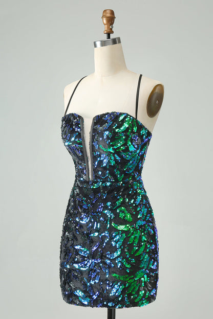 Pretty Green Black Bodycon Sparkly Sequin Short Homecoming Dress