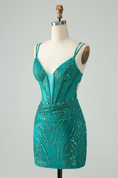 Classy Dark Green Bodycon Spaghetti Straps Corset Sequin Short Homecoming Dress