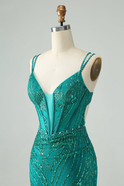 Classy Dark Green Bodycon Spaghetti Straps Corset Sequin Short Homecoming Dress