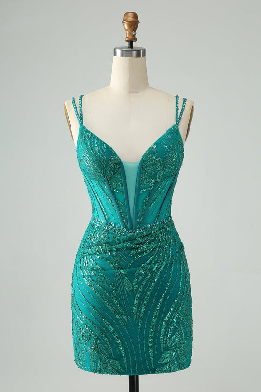 Classy Dark Green Bodycon Spaghetti Straps Corset Sequin Short Homecoming Dress