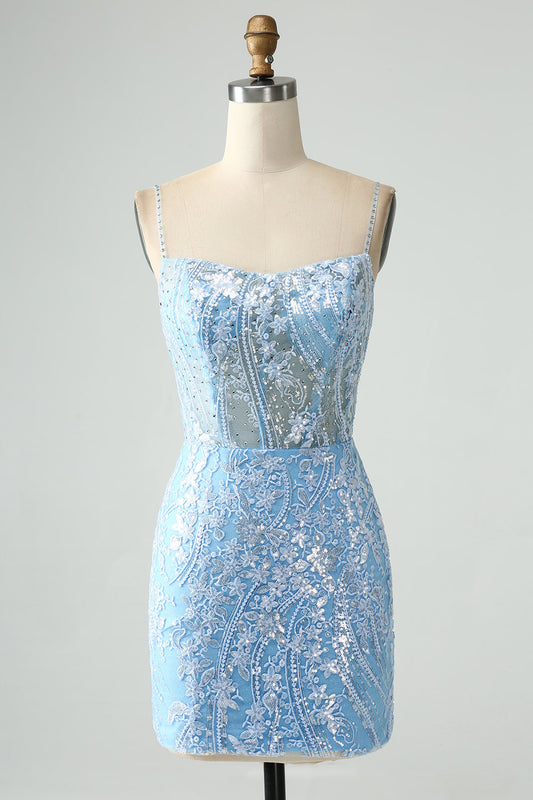 Sparkly Sky Blue Spaghetti Straps Short Homecoming Dress With Beading