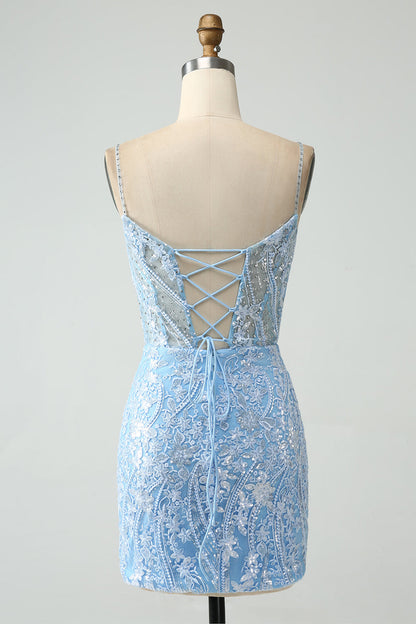 Sparkly Sky Blue Spaghetti Straps Short Homecoming Dress With Beading