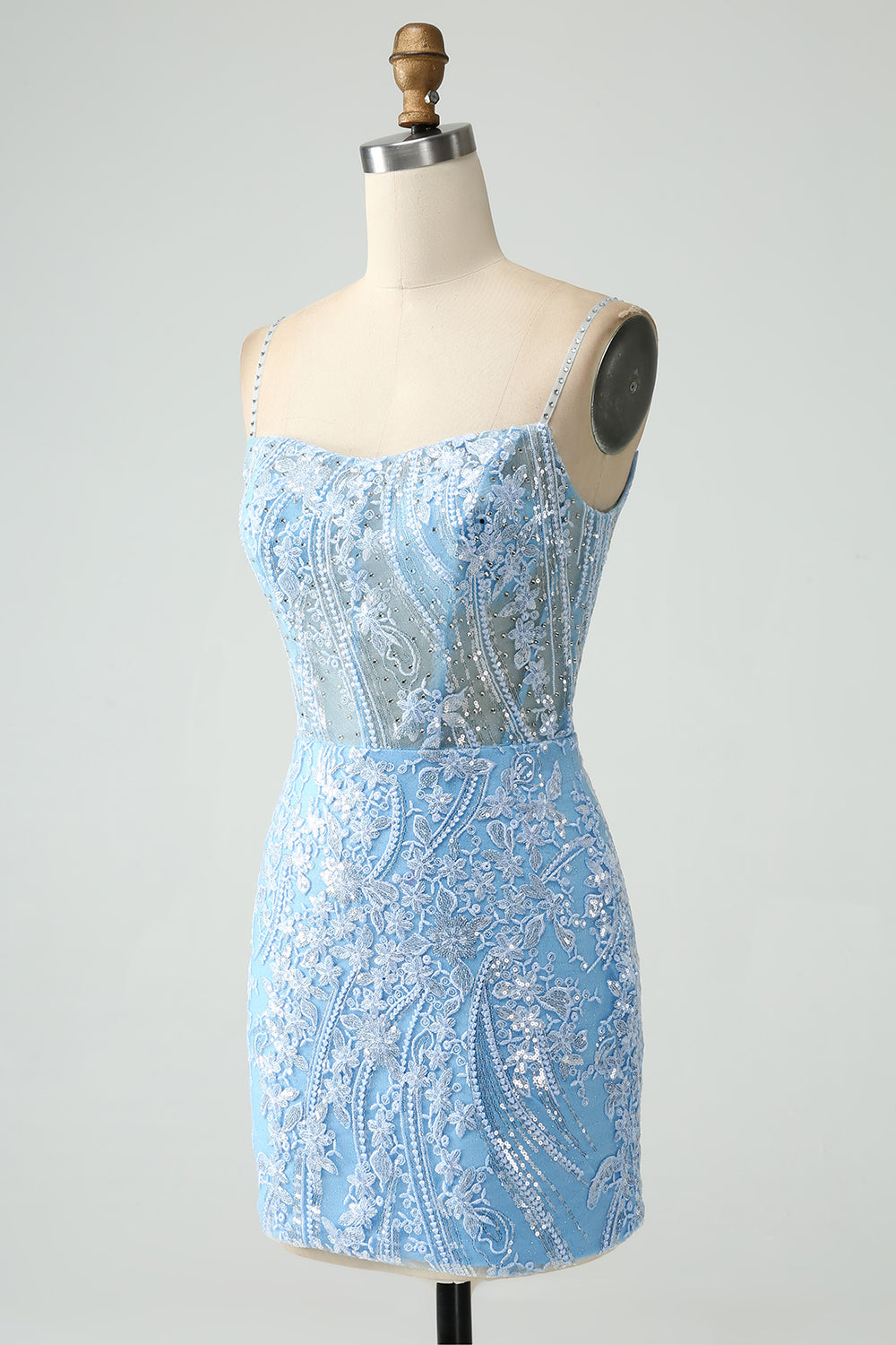 Sparkly Sky Blue Spaghetti Straps Short Homecoming Dress With Beading