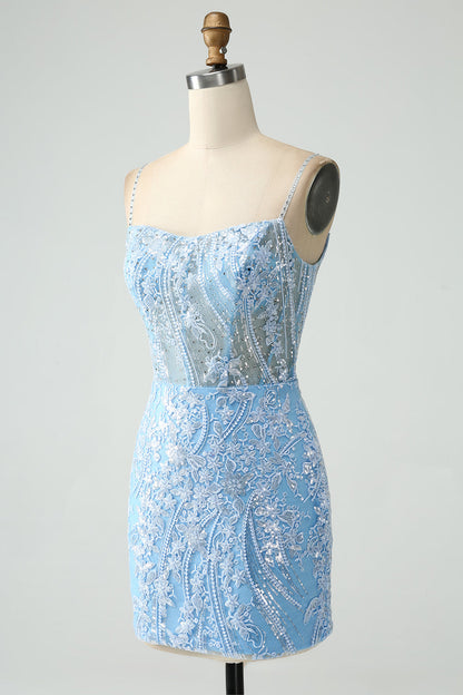 Sparkly Sky Blue Spaghetti Straps Short Homecoming Dress With Beading