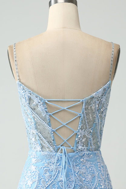 Sparkly Sky Blue Spaghetti Straps Short Homecoming Dress With Beading