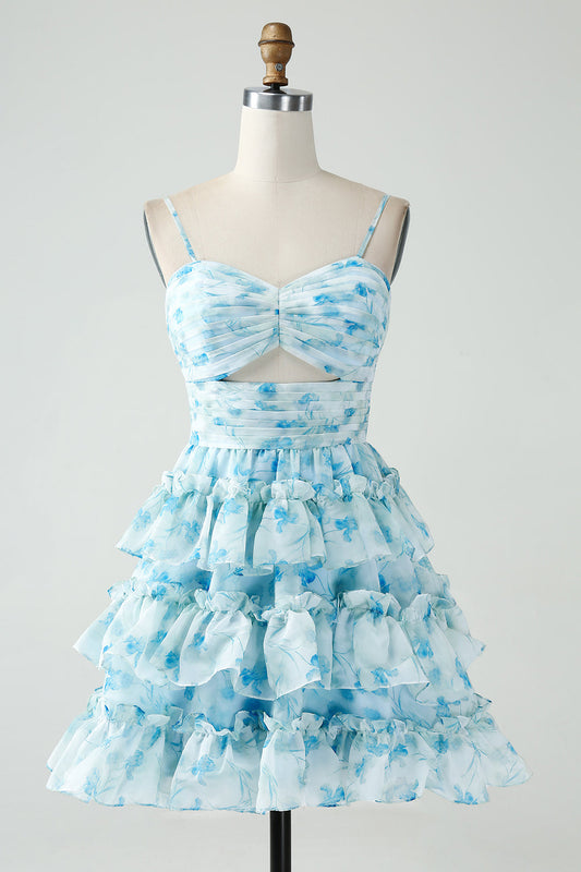 Blue Flower A-Line Tiered Pleated Short Homecoming Dress