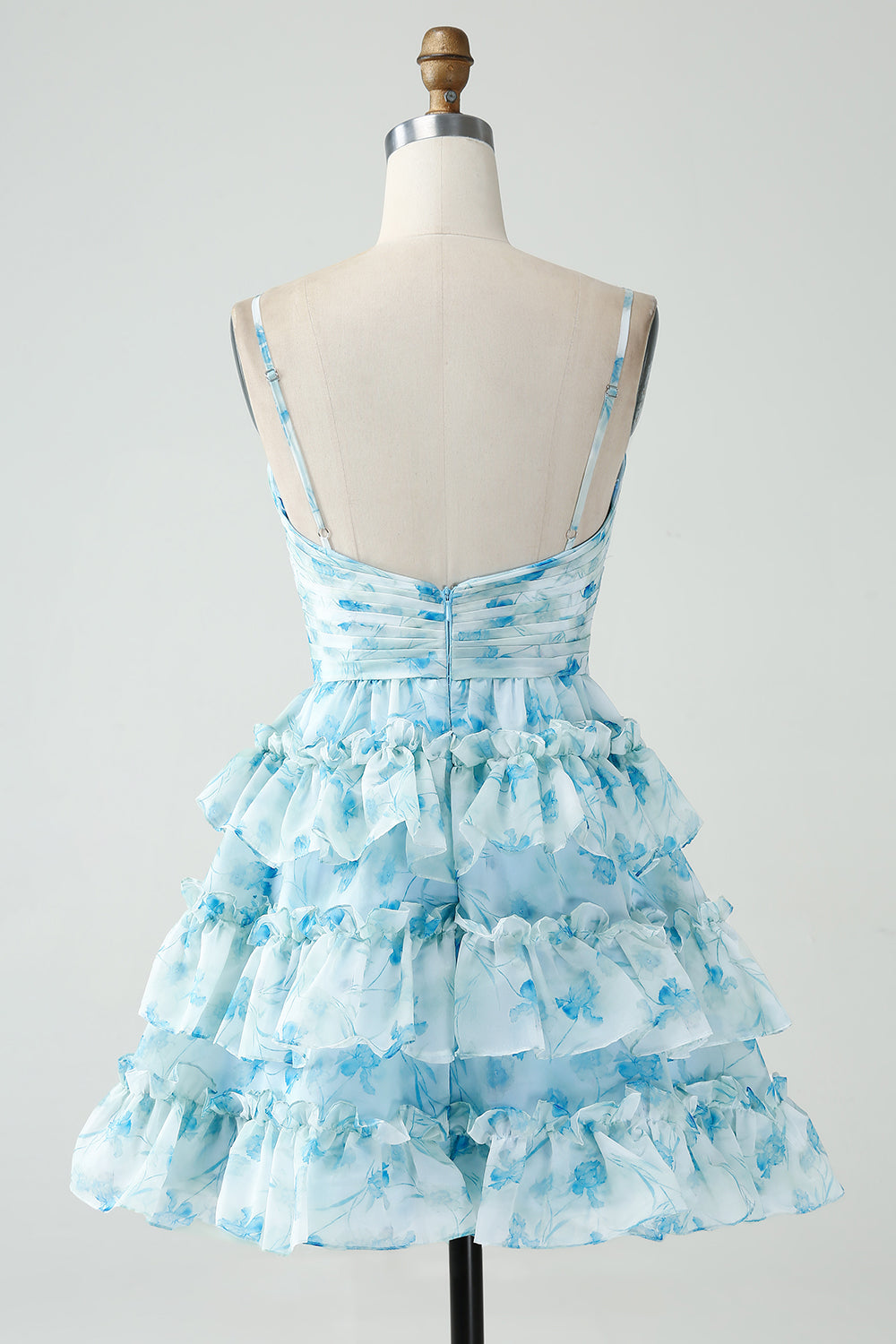 Blue Flower A-Line Tiered Pleated Short Homecoming Dress