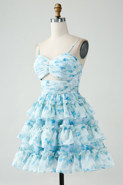 Blue Flower A-Line Tiered Pleated Short Homecoming Dress