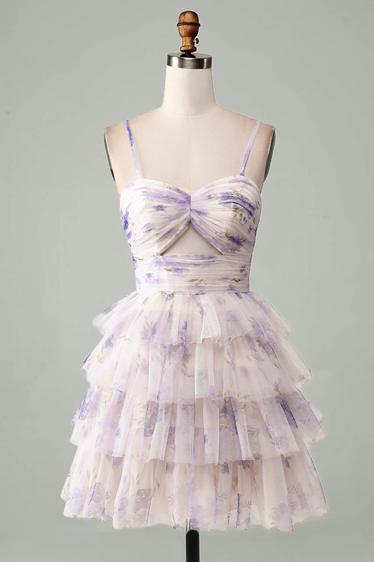 Lavender Flower A-Line Spaghetti Straps Tiered Pleated Short Homecoming Dress