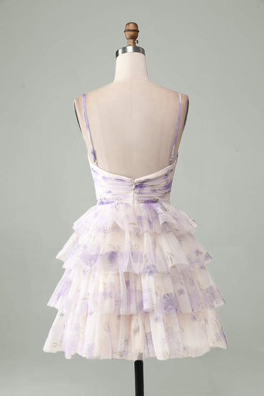 Lavender Flower A-Line Spaghetti Straps Tiered Pleated Short Homecoming Dress