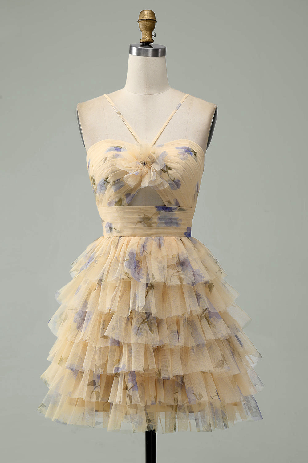 A Line Halter Tiered Print Short Yellow Flower Homecoming Dress