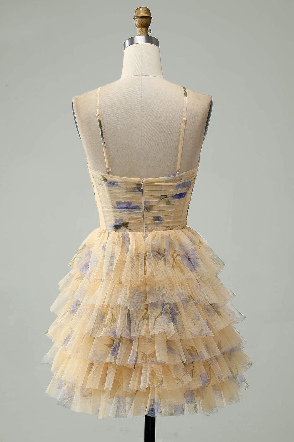 A Line Halter Tiered Print Short Yellow Flower Homecoming Dress