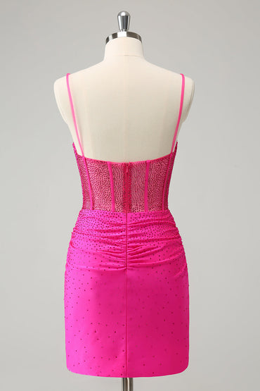 Fuchsia Bodycon Spaghetti Straps Corset Short Homecoming Dress with Beading