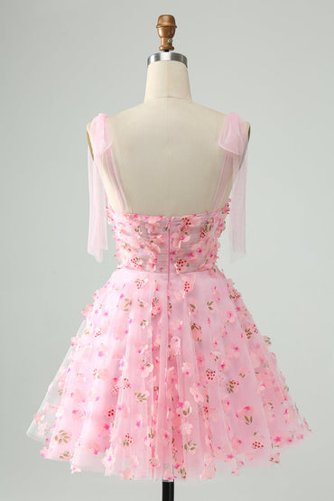 Cute Pink A Line Pearls Corset Short Homecoming Dress with Appliques Flower