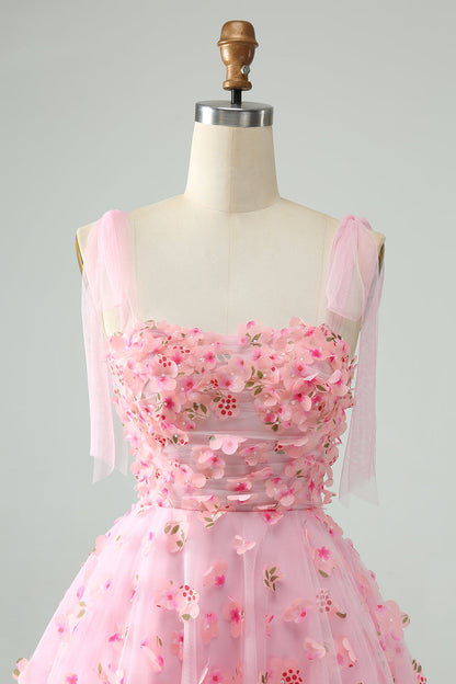 Cute Pink A Line Pearls Corset Short Homecoming Dress with Appliques Flower